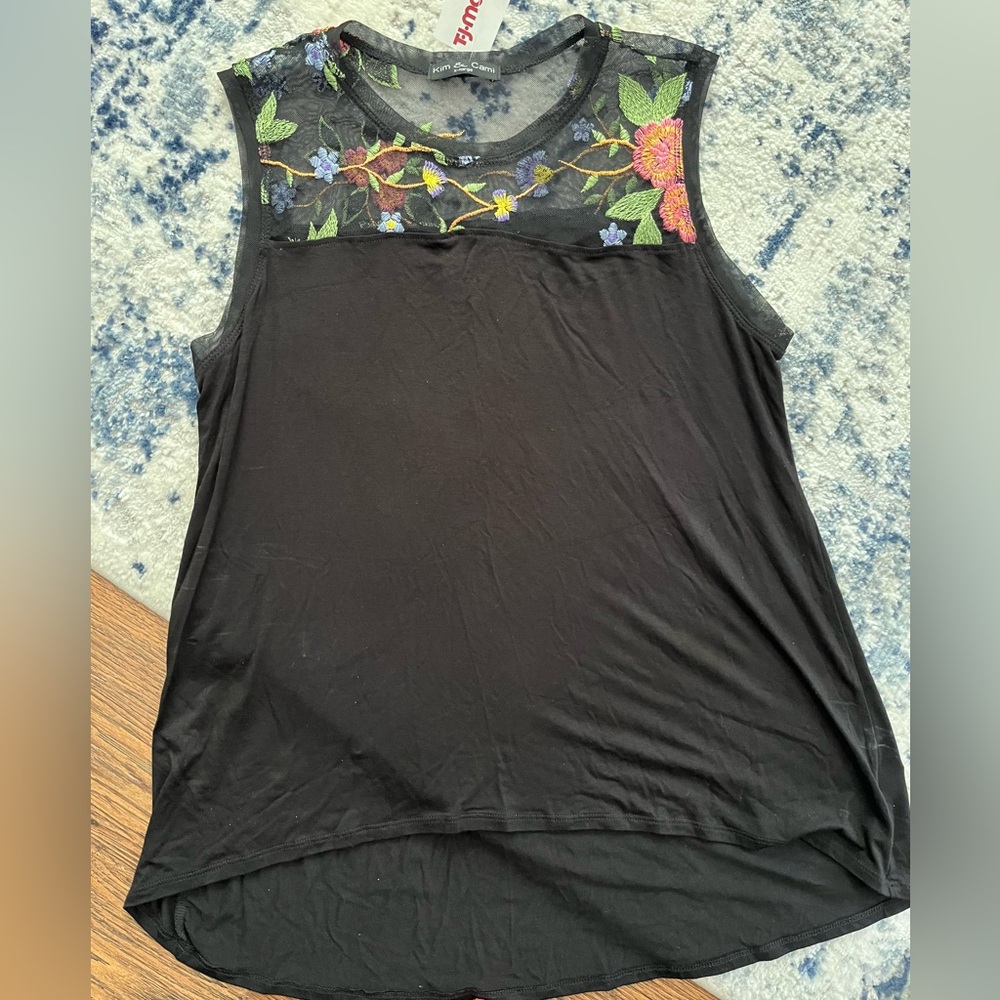 NWT Black Tank Top with Floral Stitching Hi-Low XL